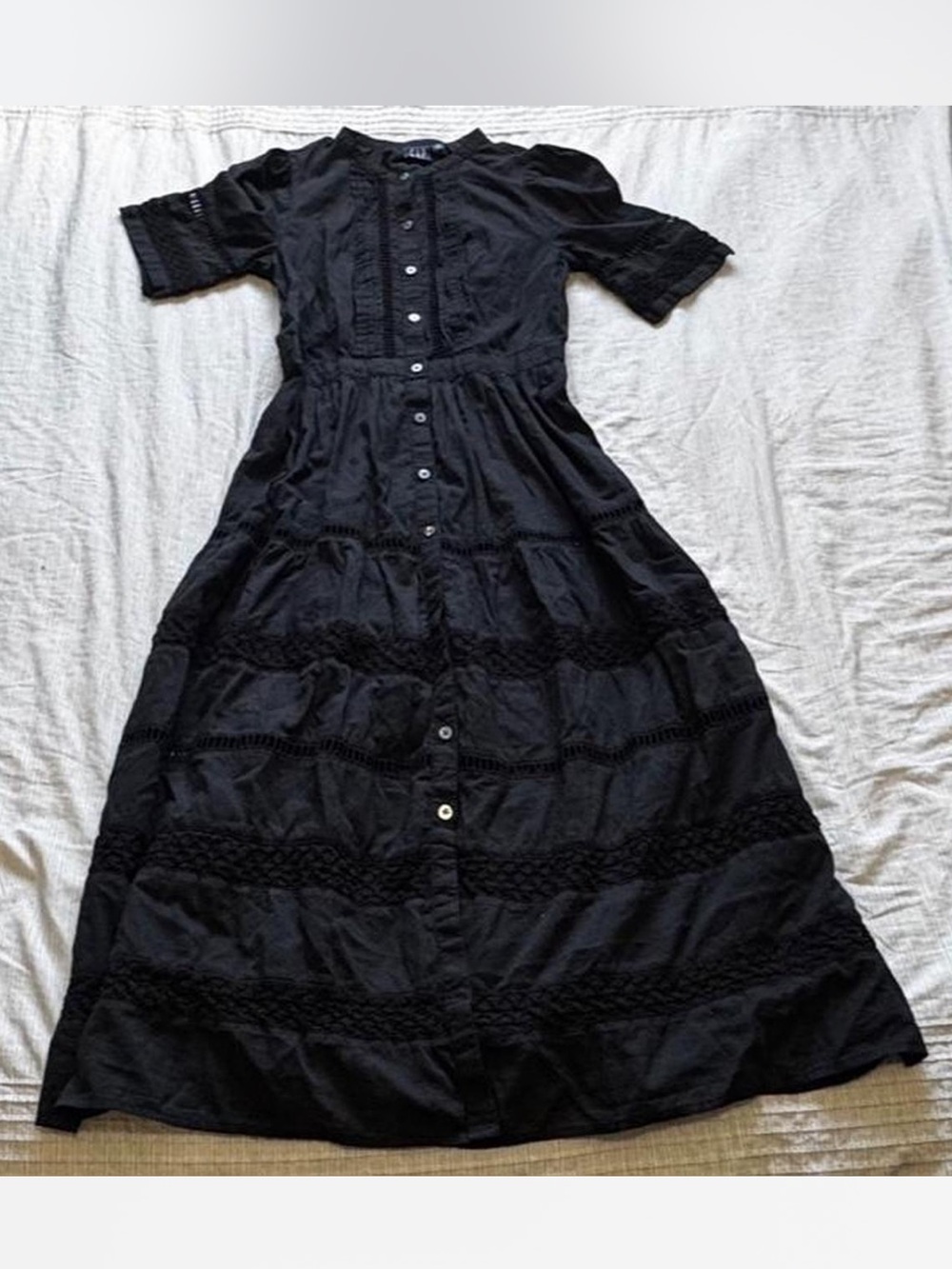 GAP Black Button Short Sleeve Maxi Dress with Crochet Panels